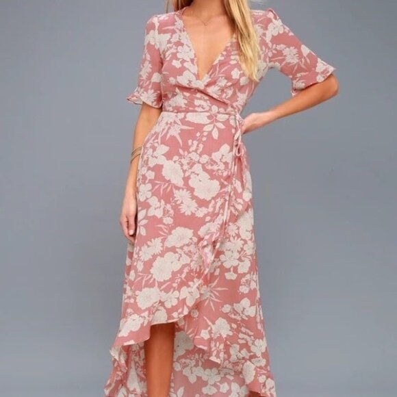 NWT Lulu's Wild Winds Pink Floral Print High-Low Wrap Romantic Dress Size Medium - Picture 2 of 11